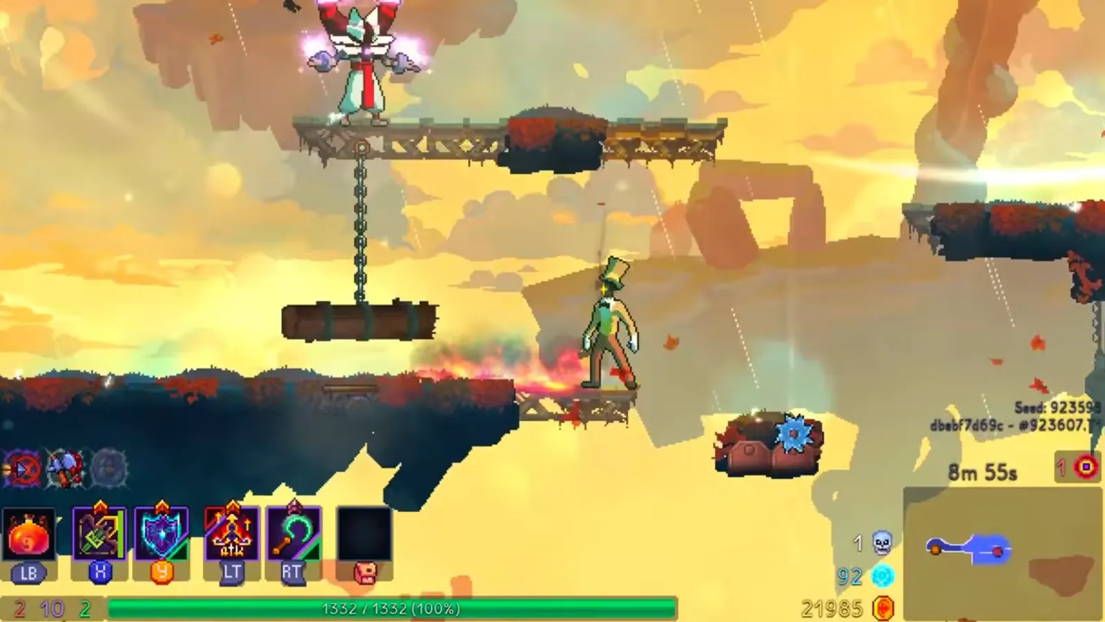 Dead Cells mid-run, the player on a floating platform under an orange sky with a boss above and the ability bar along the bottom