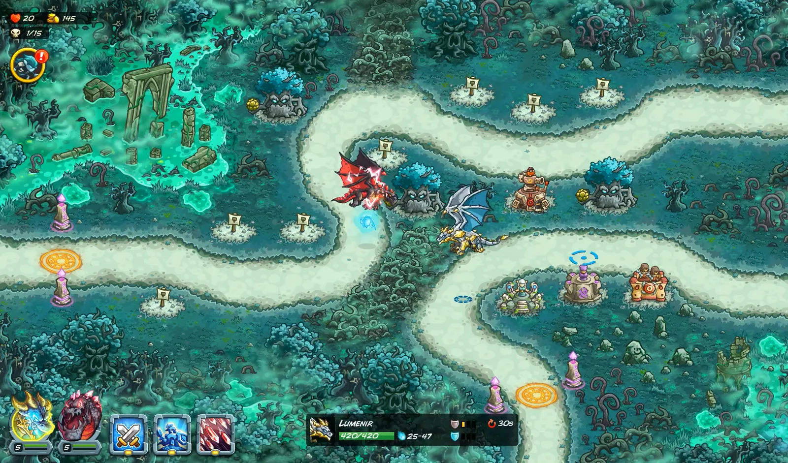 A Kingdom Rush 5 map in a teal otherworld, dragons clashing over the winding path with tower build slots along it