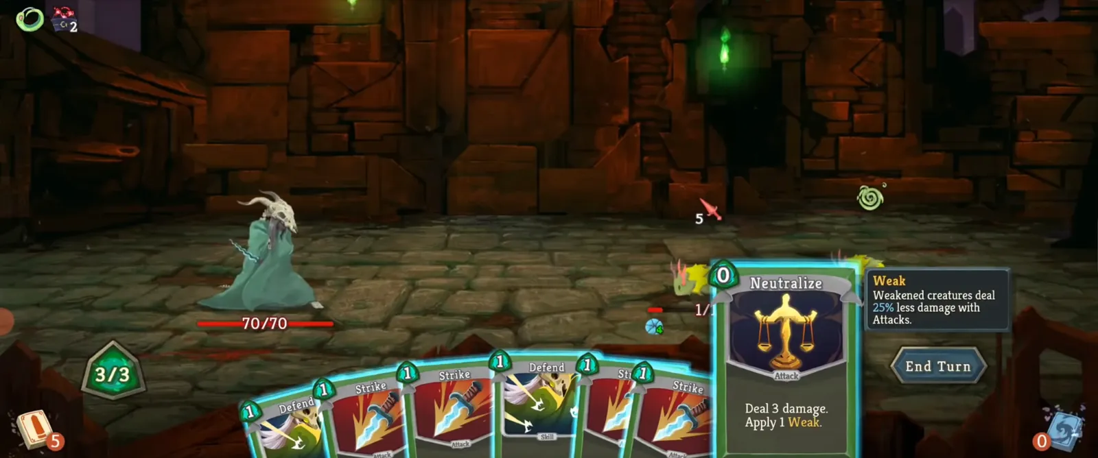 Slay the Spire mid-fight, a hand of Strike and Defend cards below the player with the Neutralize card highlighted