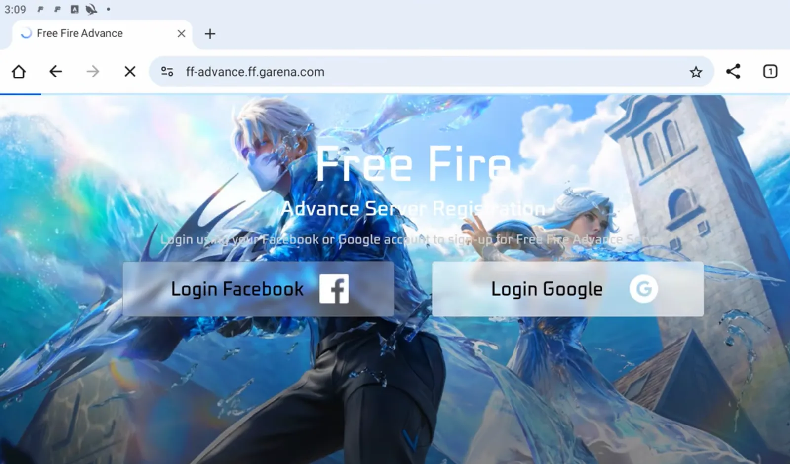 The Advance Server registration site open at ff-advance.ff.garena.com with the Facebook and Google login buttons