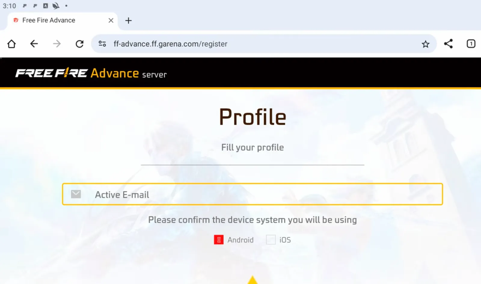 The Advance Server profile step, asking for an active email address and confirming Android as the device system