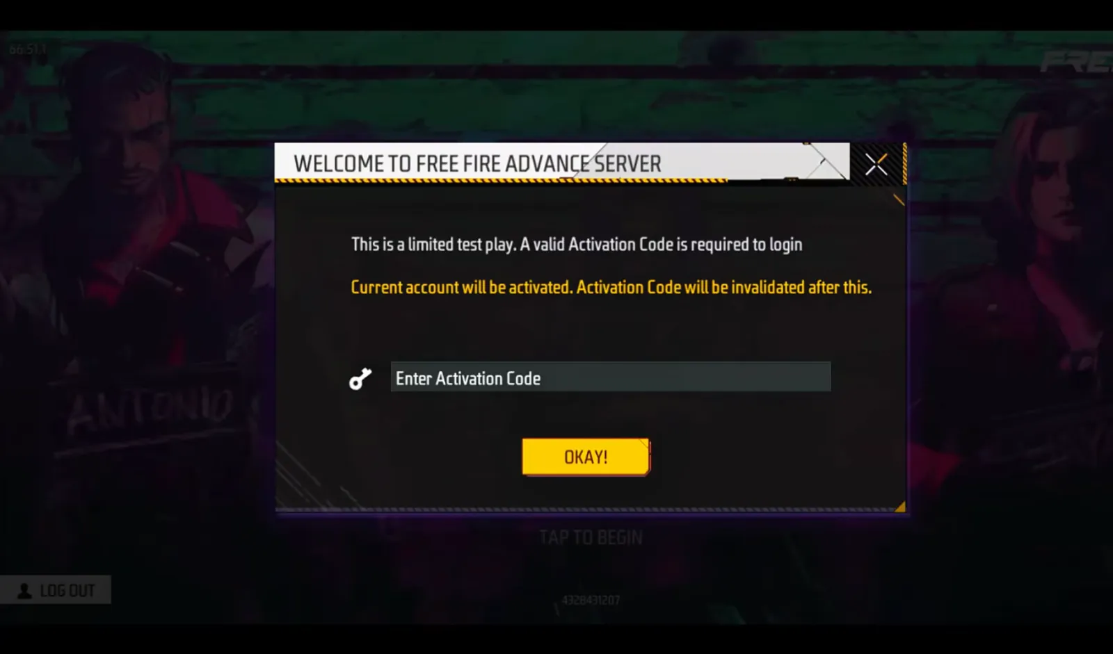 The Welcome to Free Fire Advance Server dialog prompting for a valid activation code before the first login