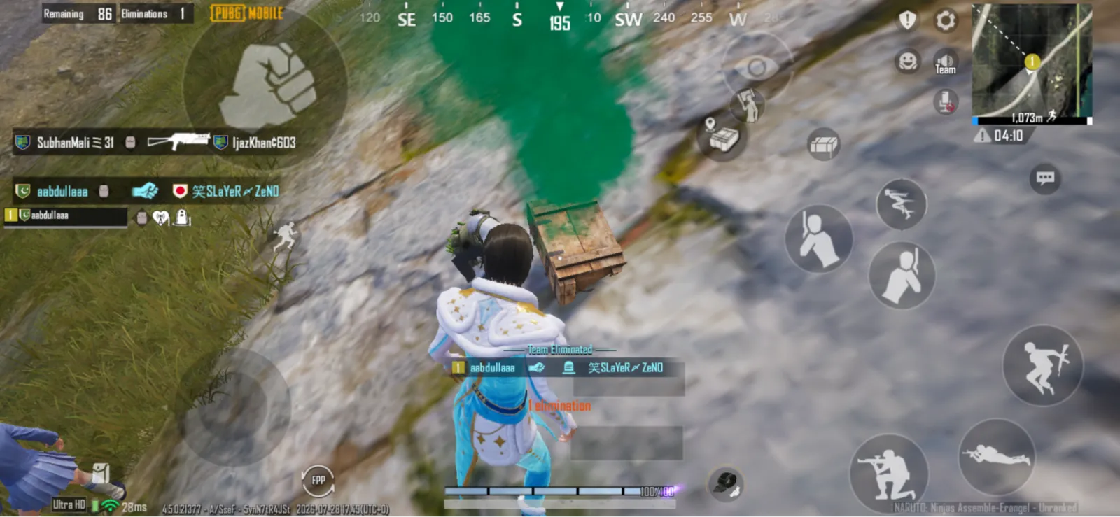 A PUBG Mobile player parachuting towards a rooftop marked with green smoke as other players drop nearby