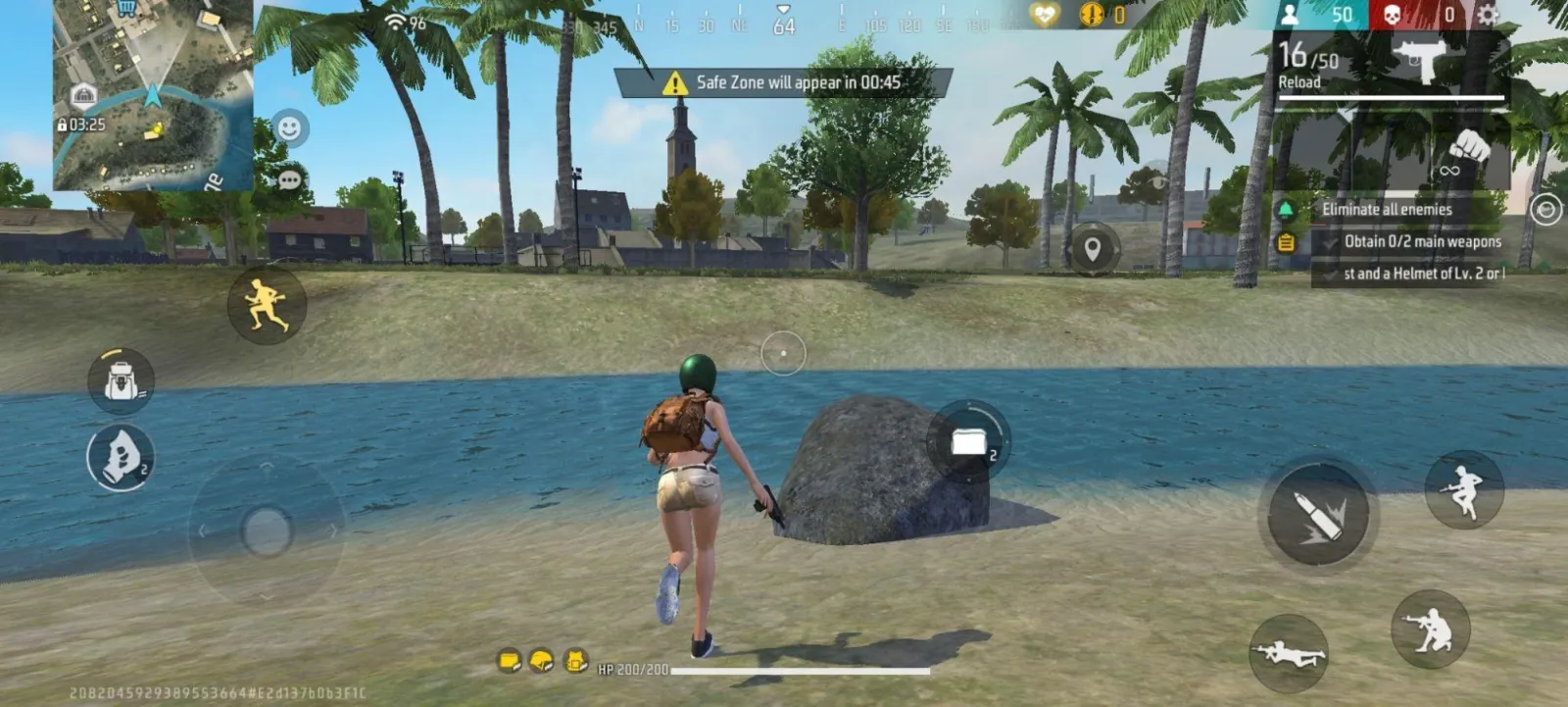 A Free Fire character sprinting across open ground with the safe-zone timer counting down at the top of the screen