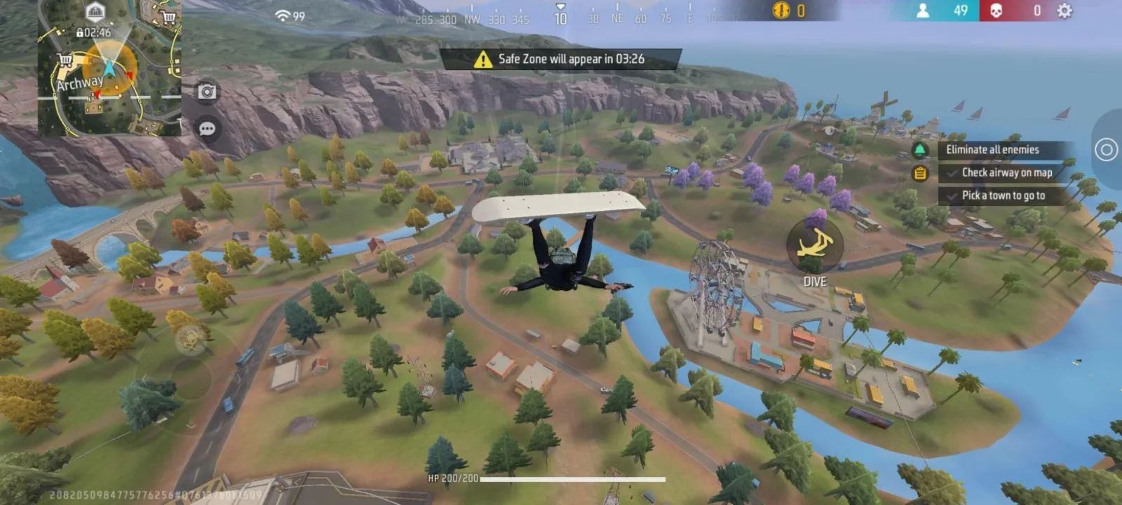 A Free Fire player gliding in over a brightly coloured, stylized map dotted with buildings and trees