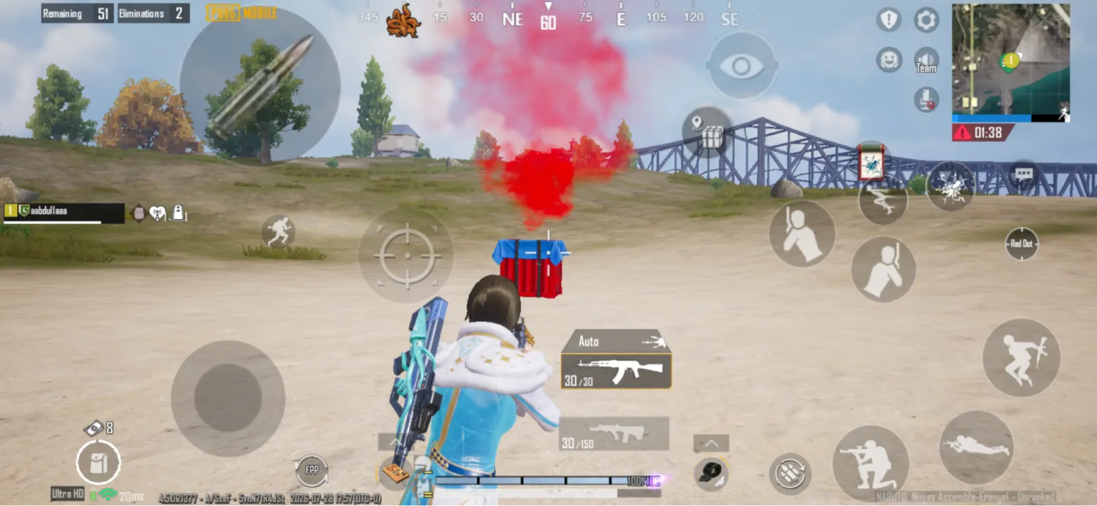 A PUBG Mobile firefight beside red smoke, with the full on-screen control layout visible around the edges