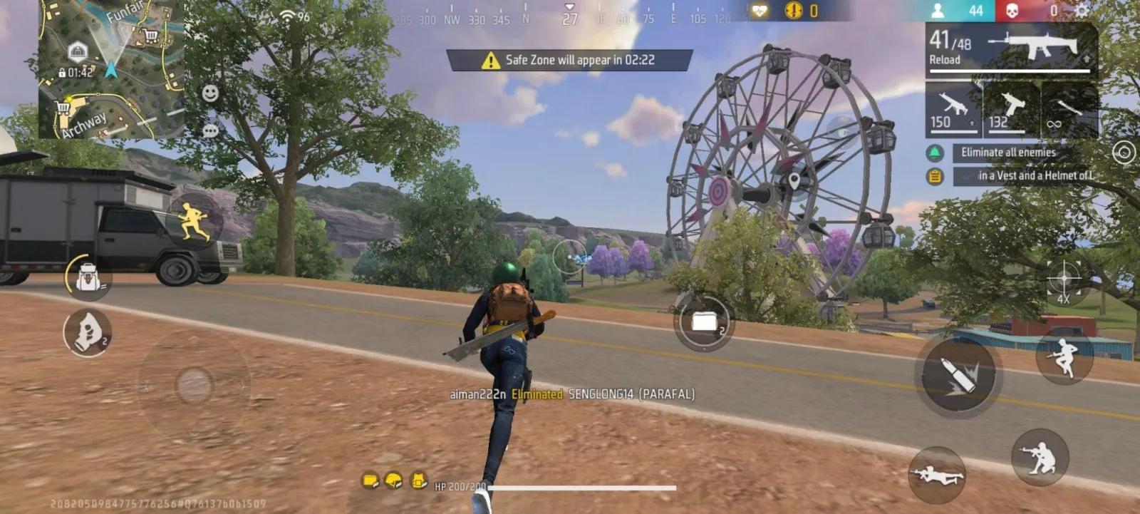 A Free Fire match beside a fairground ferris wheel, with the next safe zone due in under a minute