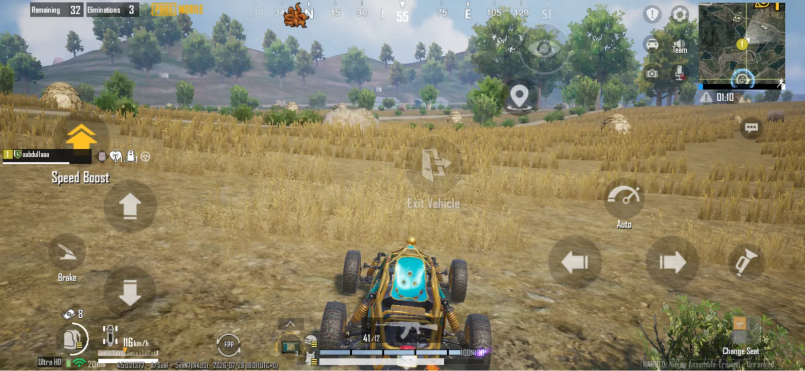 A PUBG Mobile player driving a buggy through the wheat fields of Erangel with no other players in sight