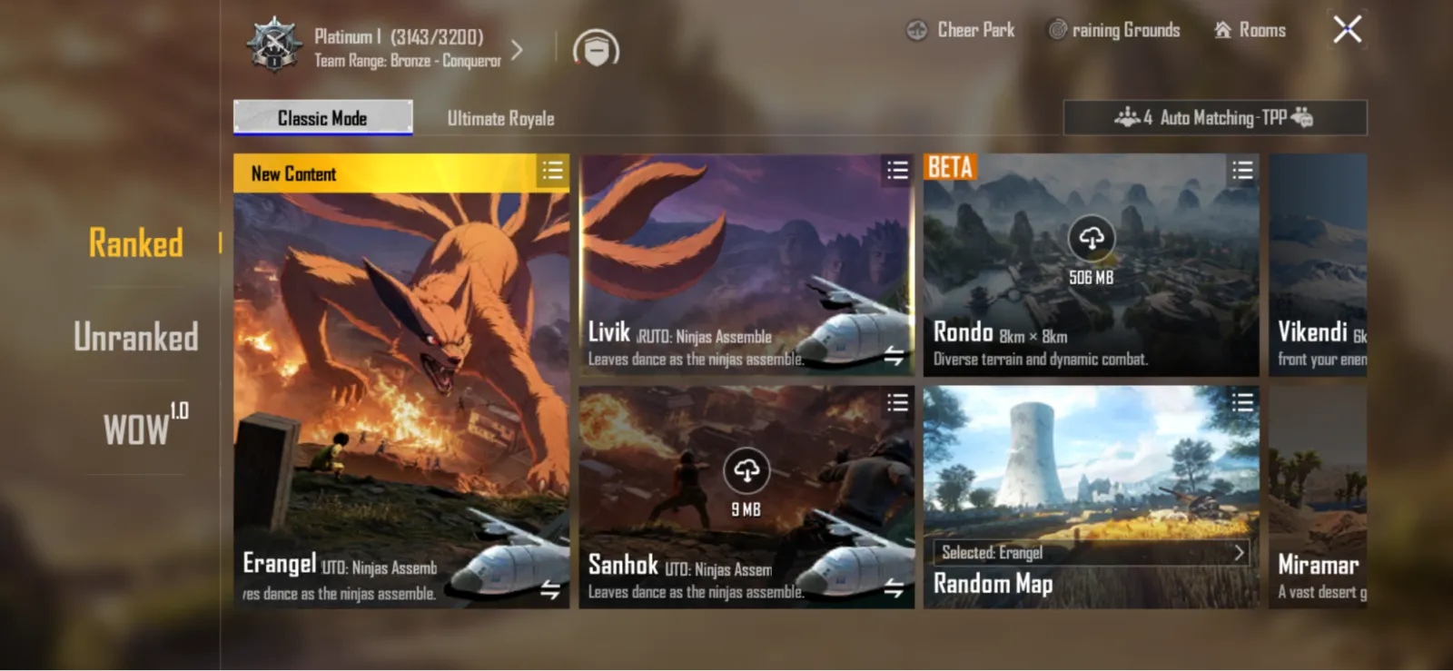 PUBG Mobile's map picker showing Erangel, Livik, Sanhok, Rondo and Miramar alongside the Random Map option