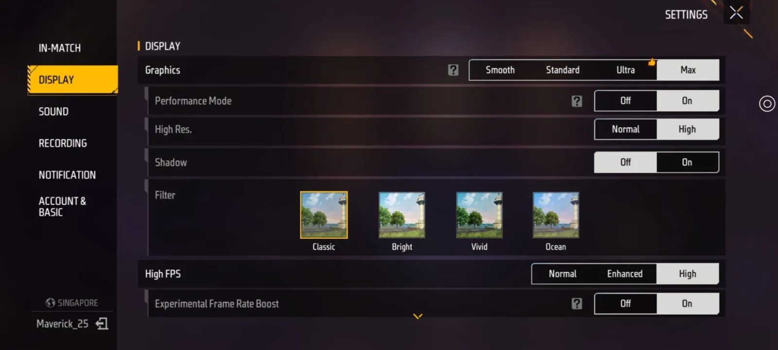 Free Fire's display settings with graphics set to Max, high resolution on and the high-FPS option enabled