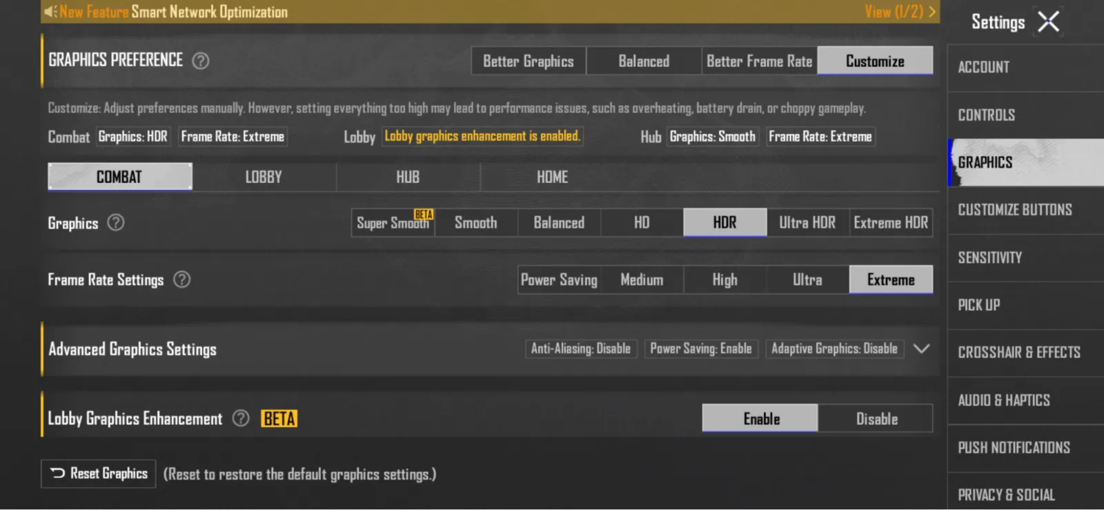 PUBG Mobile's graphics preferences, where frame rate has to be traded against HDR and Ultra graphics presets