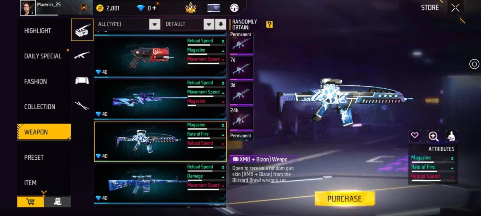 Free Fire's in-game store showing weapon skins with their reload, magazine and damage attributes