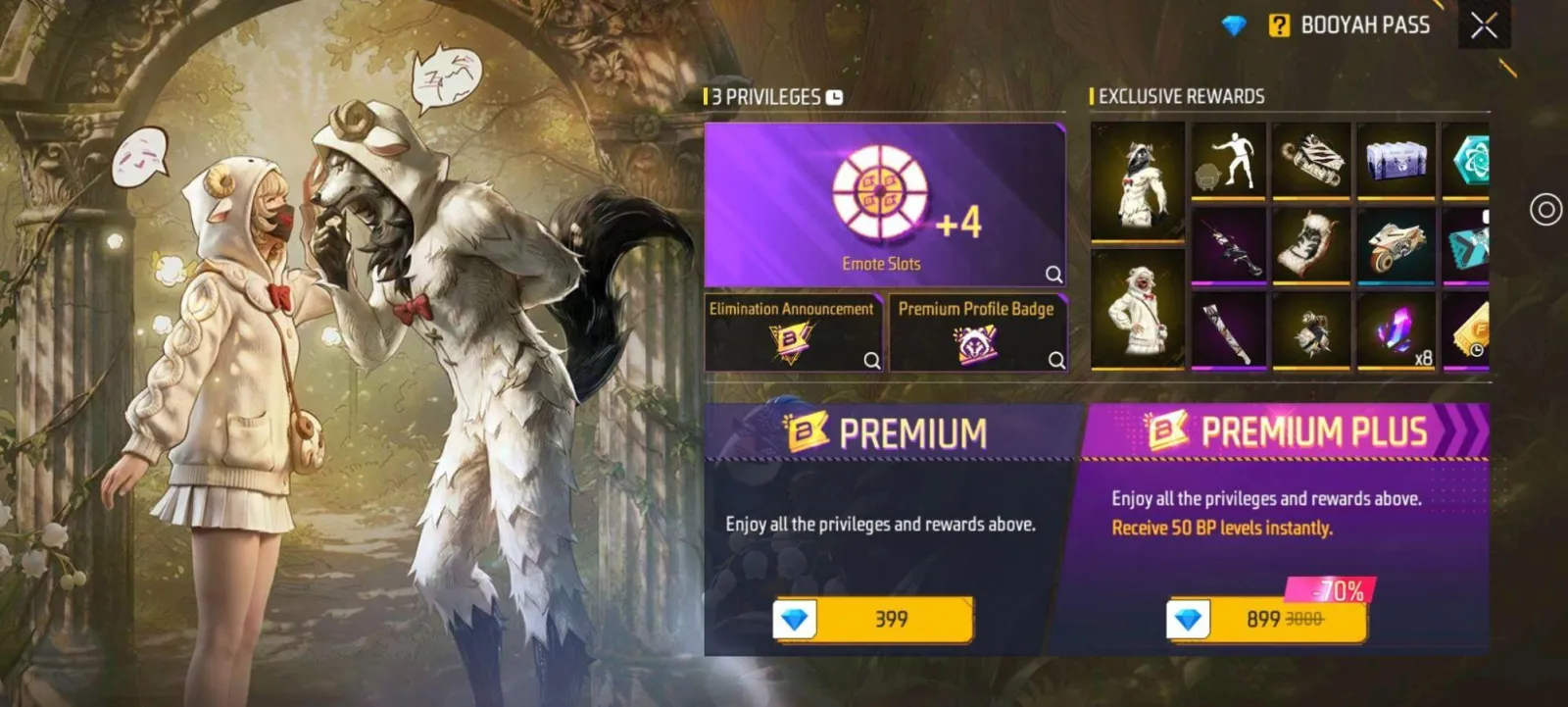 Free Fire's Booyah Pass screen comparing the Premium and Premium Plus tiers and their rewards
