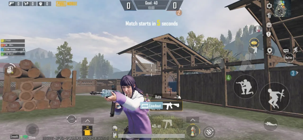 A PUBG Mobile team deathmatch seconds from starting, the countdown on screen and a loadout prompt beside the player