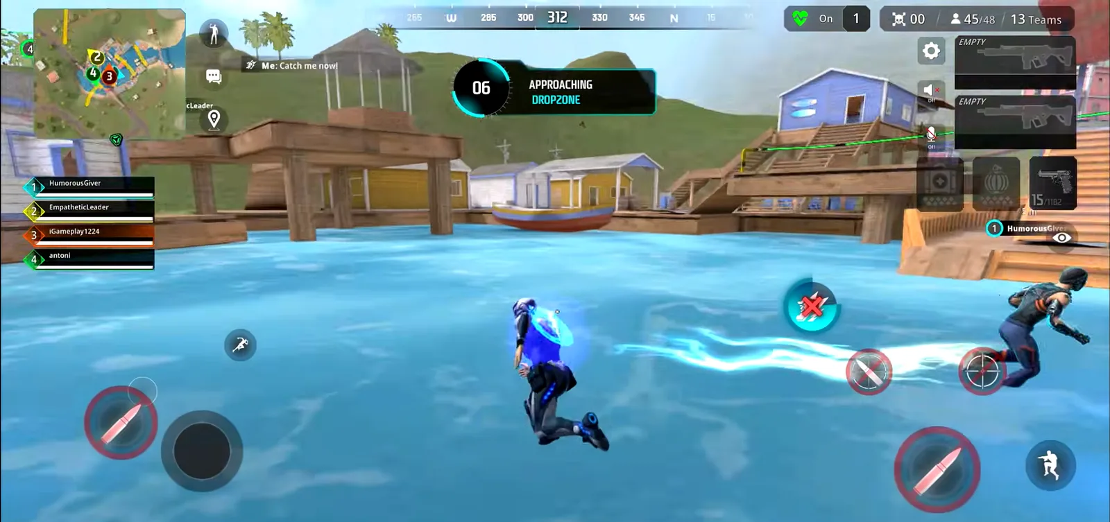 Prime Rush at the start of a match, the player gliding in over shallow water as the dropzone countdown runs
