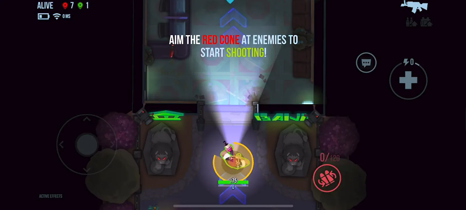 Bullet Echo's top-down view, the player's flashlight cone lighting a dark room with the shooting tutorial prompt on screen