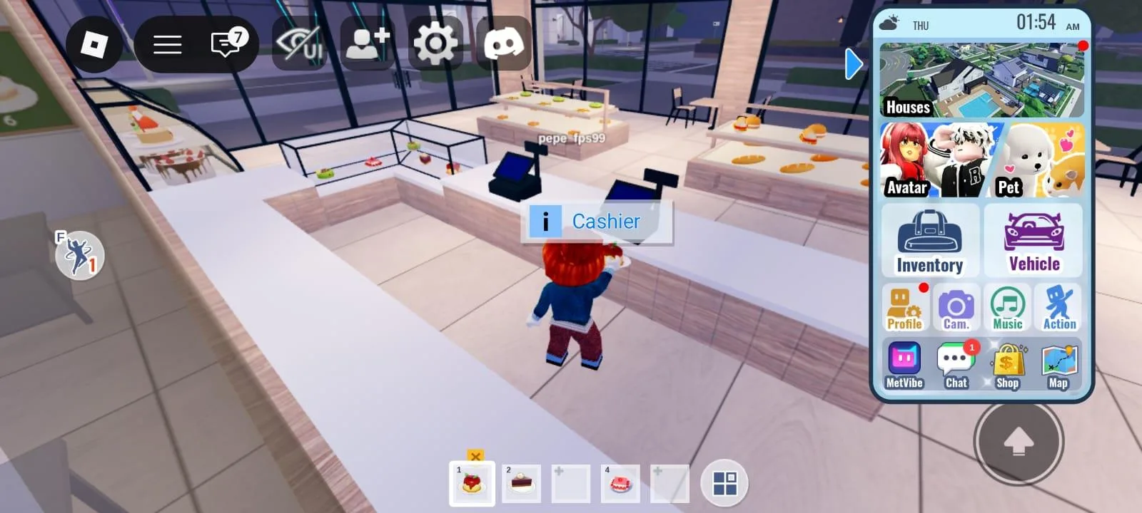 A Roblox bakery role-play experience, with a Cashier prompt above the counter and cake slices in the hotbar