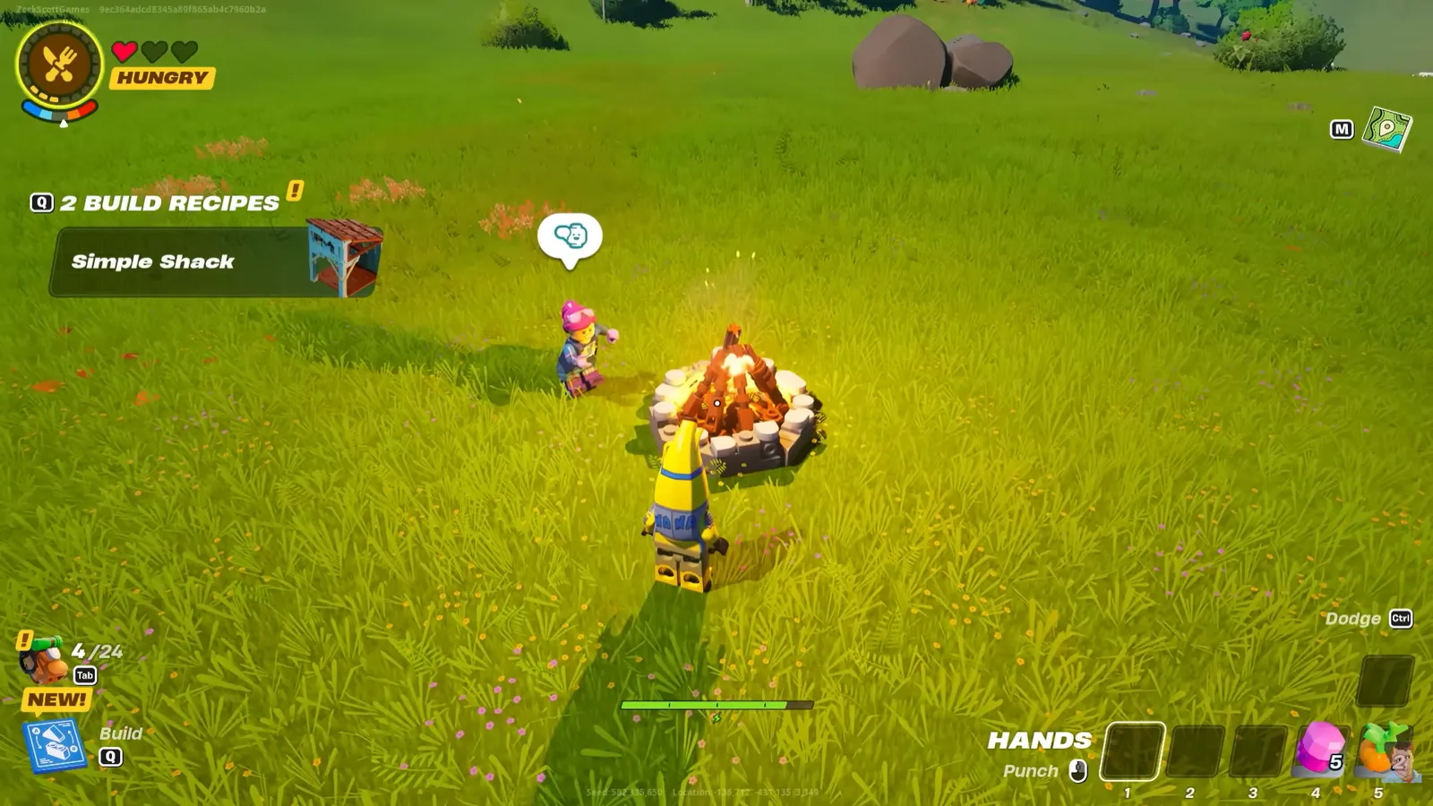 A LEGO Fortnite meadow at dusk, a minifigure standing by a lit campfire with a Simple Shack build recipe unlocked