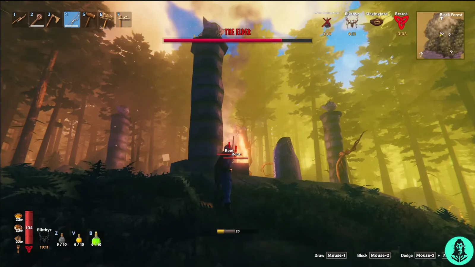 A Valheim boss fight against The Elder in the Black Forest, the boss health bar stretched across the top of the screen
