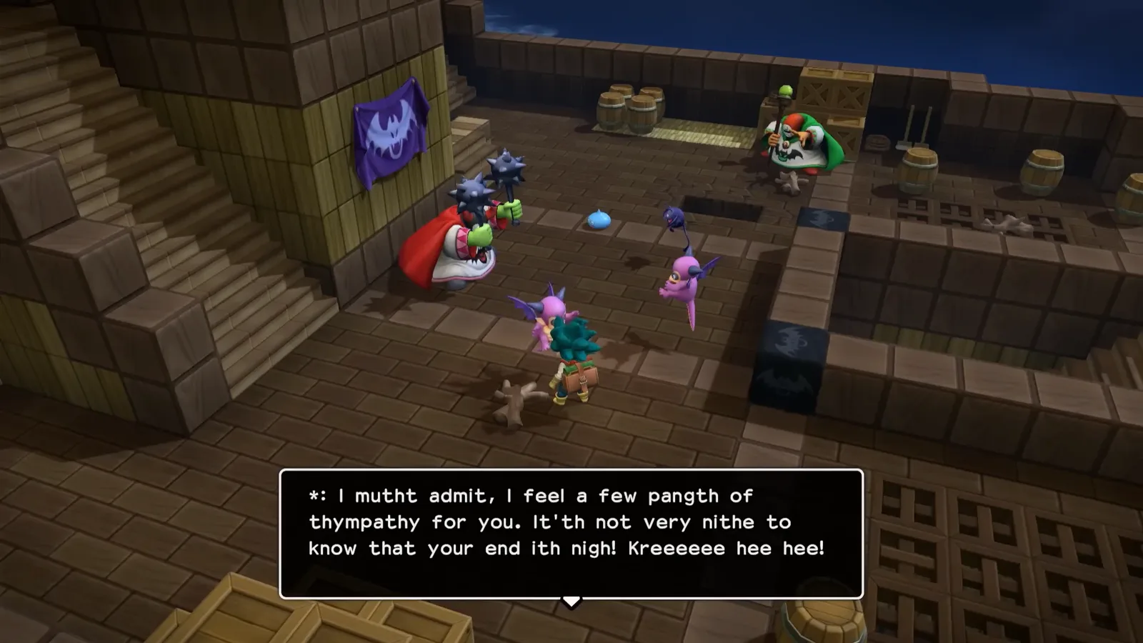 A cutscene in Dragon Quest Builders 2, the hero cornered by a caped monster boss on a block-built dock at night