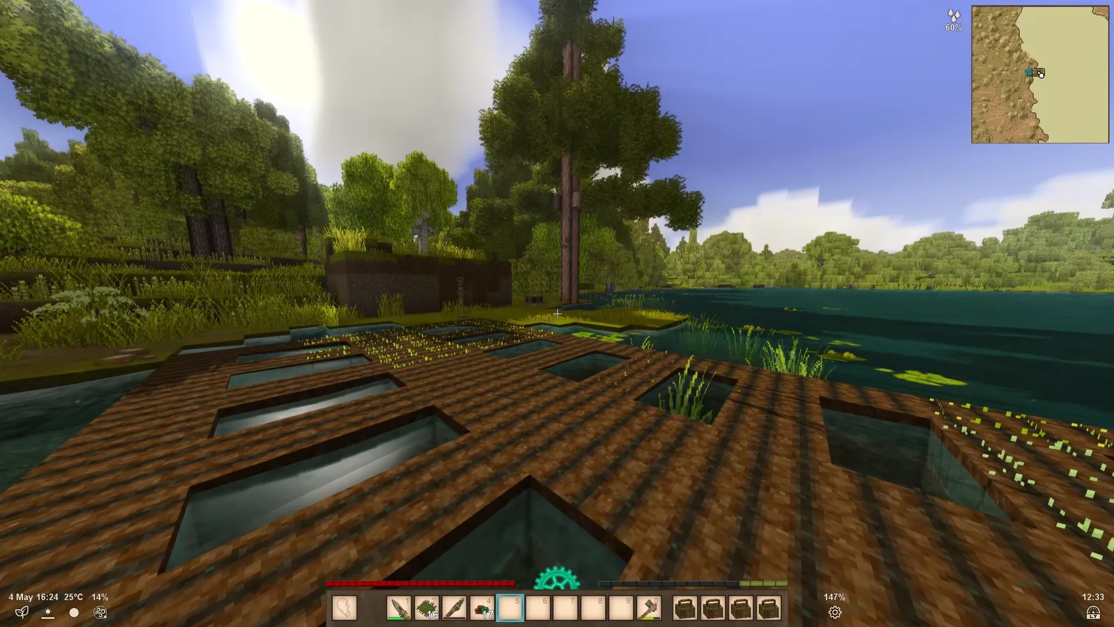 A Vintage Story lakeside camp in early summer, a plank platform built out over the water beside a forest of tall pines