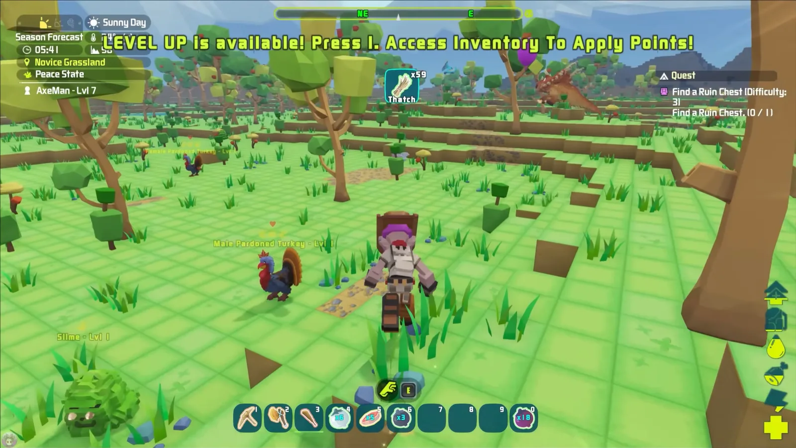 A PixARK grassland in its bright voxel art style, the player standing among turkeys and a slime with a level-up prompt on screen