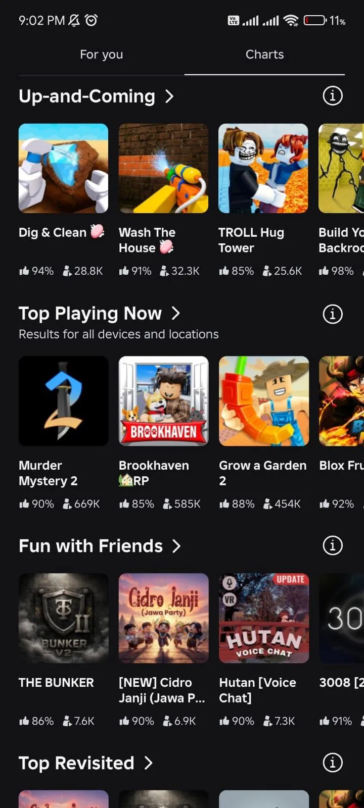 The Roblox mobile Charts tab, with Up-and-Coming and Top Playing Now rows listing player-made experiences and their like ratings