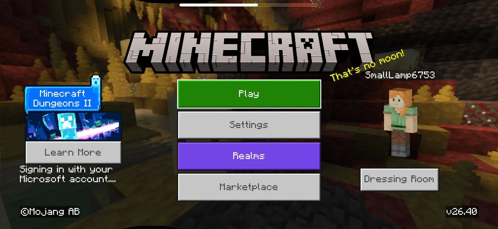The Minecraft Bedrock main menu on mobile, with Play, Settings, Realms and Marketplace over the season key art