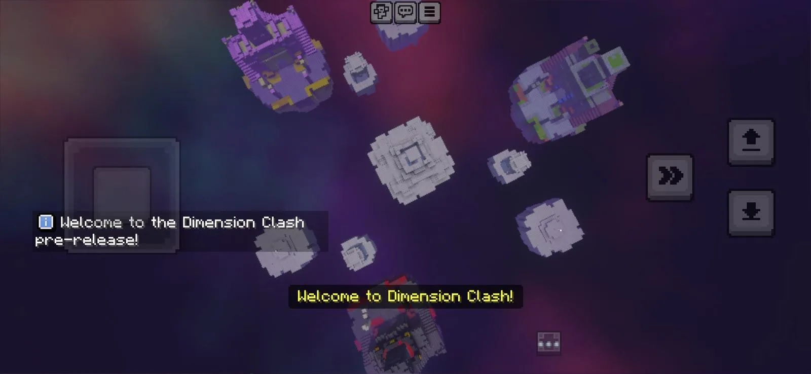 A Minecraft server lobby of floating islands, greeting the player with a welcome message for the Dimension Clash pre-release