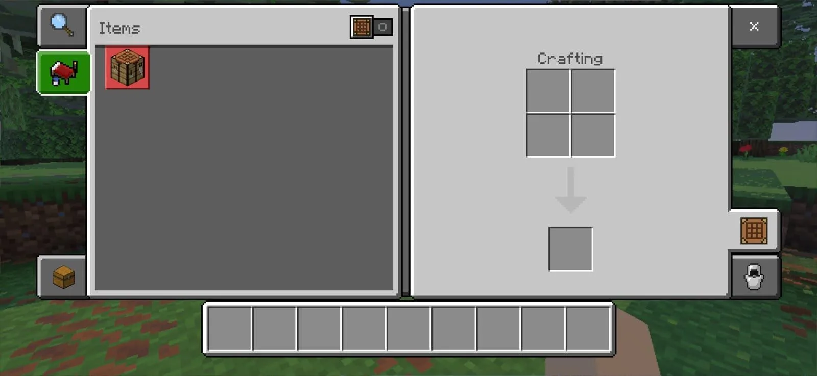 The Minecraft mobile inventory open on the crafting tab, with the 2x2 grid and a crafting table in the item list