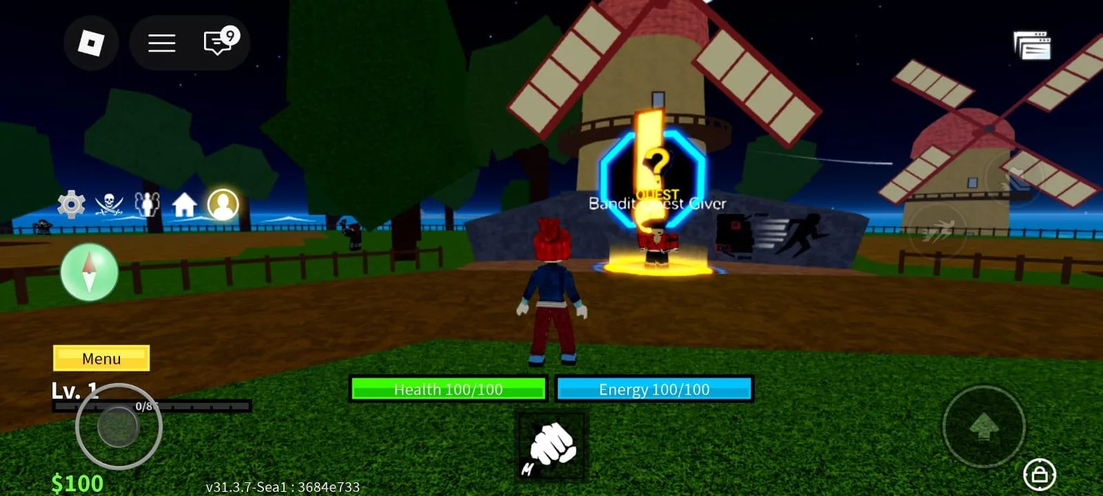 The Blox Fruits starting village in Roblox at night, with a glowing Bandit Quest Giver marker in front of the windmills