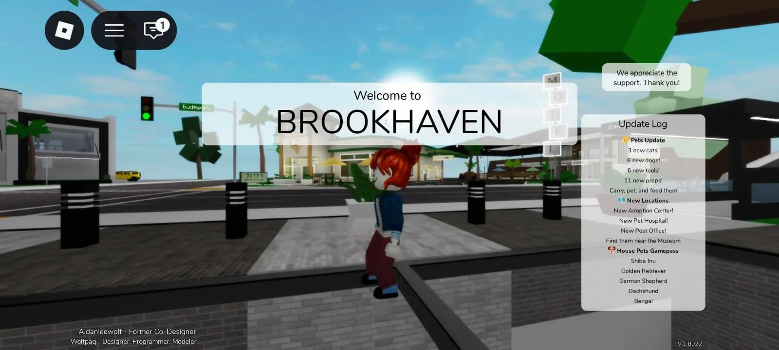 The Brookhaven RP welcome screen in Roblox, with the experience's update log listing new pets and locations