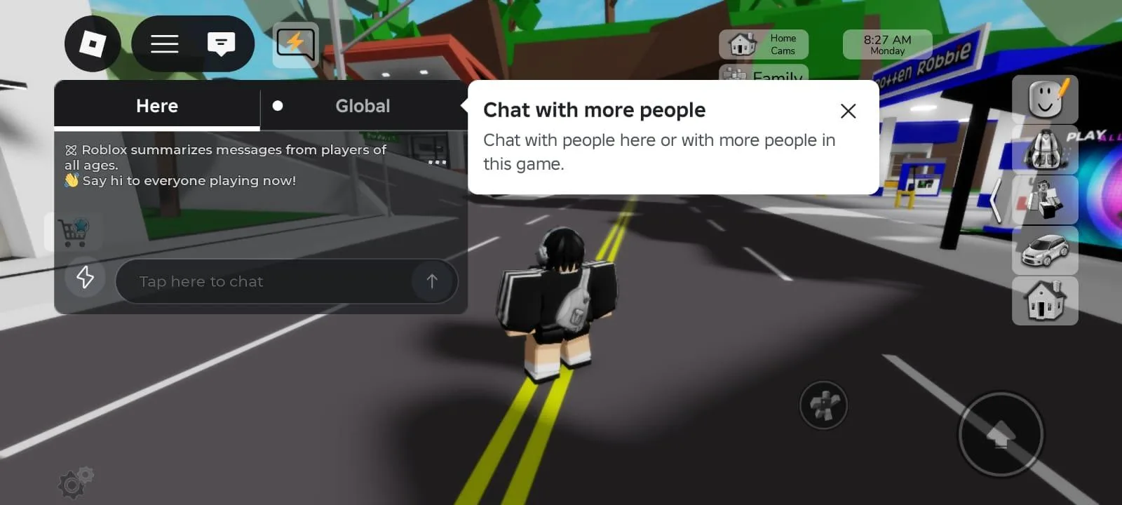The Roblox in-game chat panel open on a street, offering a Here and a Global tab for talking to other players