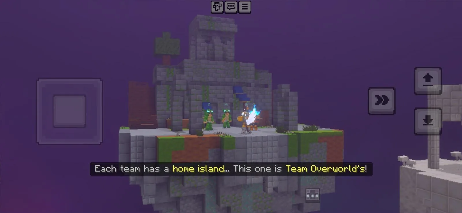 Two players standing on a team's floating home island in a Minecraft server mode, captioned as Team Overworld's base