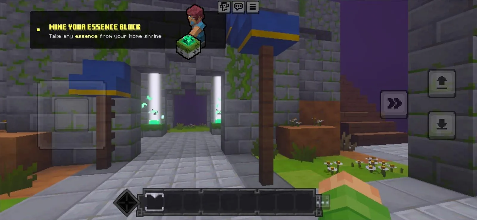A stone shrine corridor in a Minecraft server mode, with an objective card telling the player to mine their essence block