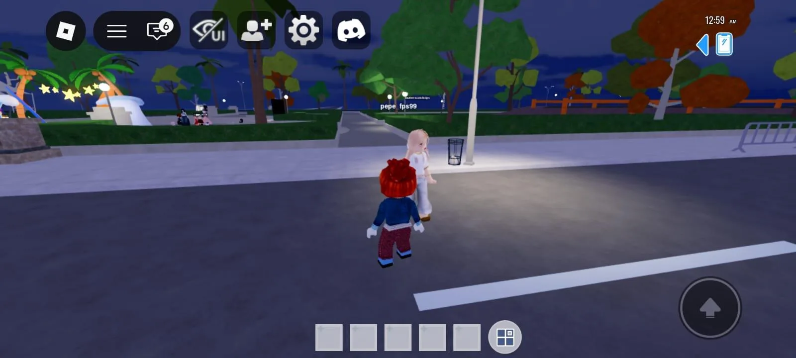 Two Roblox avatars meeting under a street light in a night-time park, in a role-play experience with no HUD