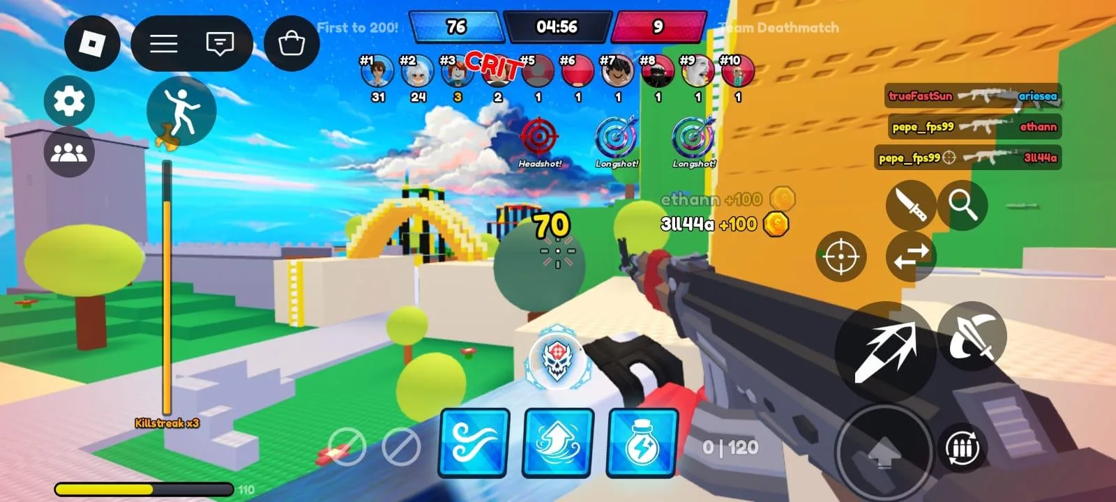 A Roblox team deathmatch shooter on mobile, its screen crowded with aim, reload, ability and movement buttons