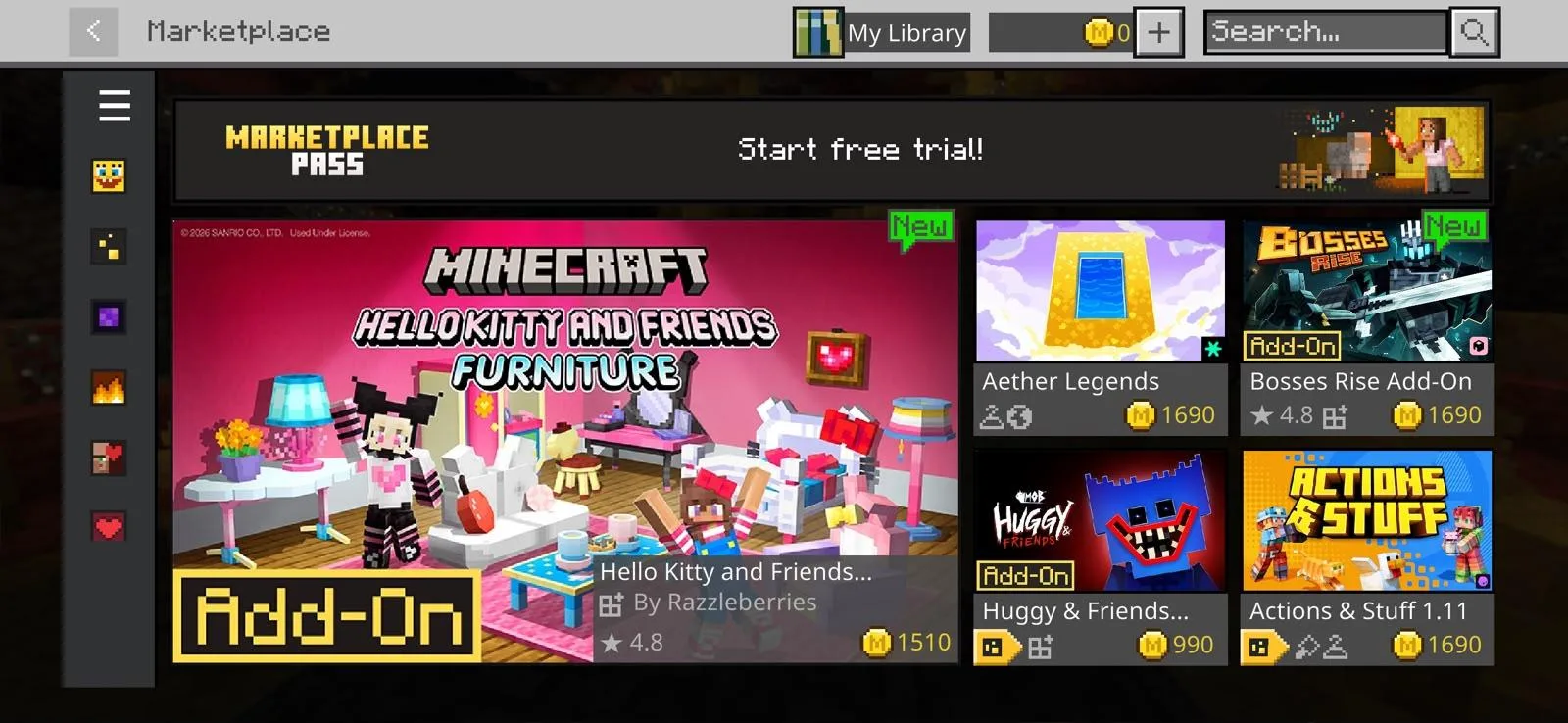 The Minecraft Marketplace on mobile, showing add-ons and skin packs priced in Minecoins alongside a Marketplace Pass trial