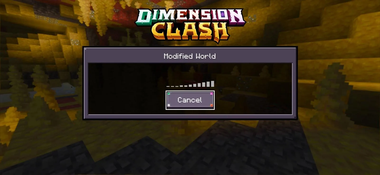 A modified Minecraft world loading into a custom game mode, its own logo painted over the loading screen
