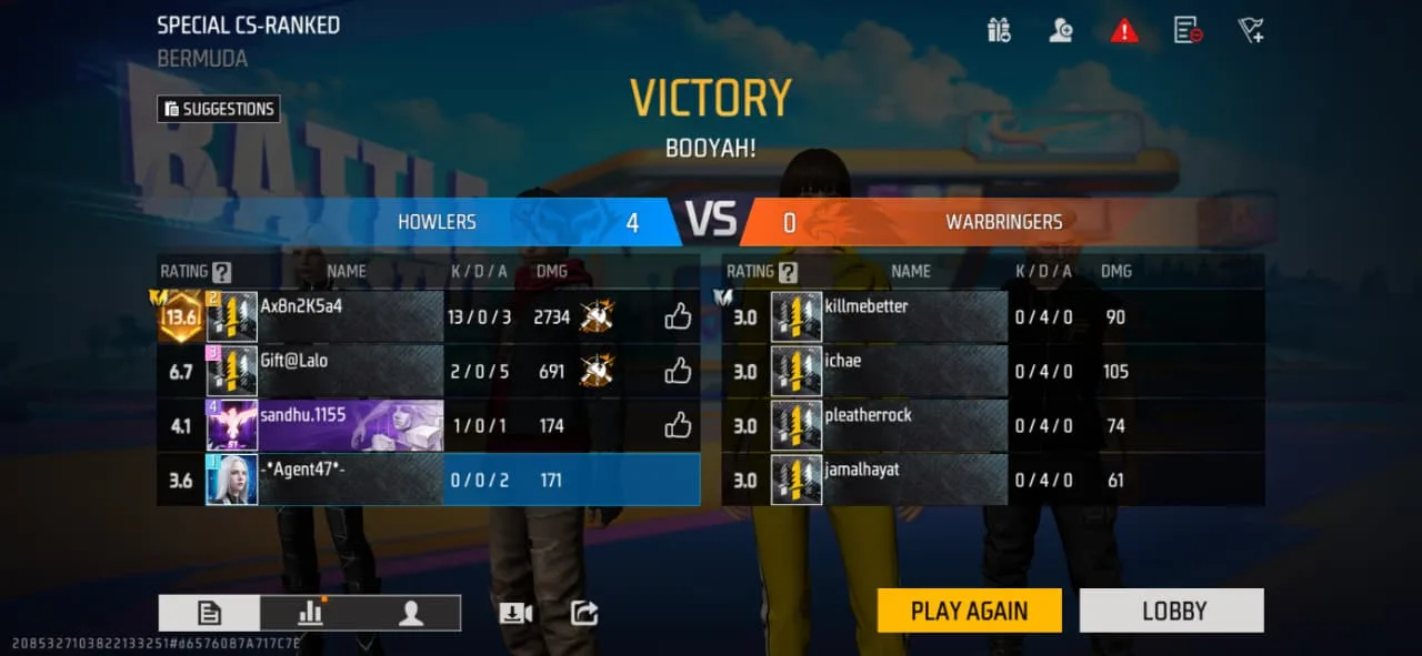 The Clash Squad ranked scoreboard on Bermuda showing a 4–0 Booyah victory with per-player kills and damage
