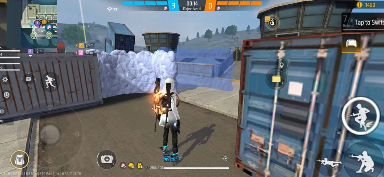 A Free Fire player behind a deployed Gloo Wall between shipping containers during a Clash Squad round