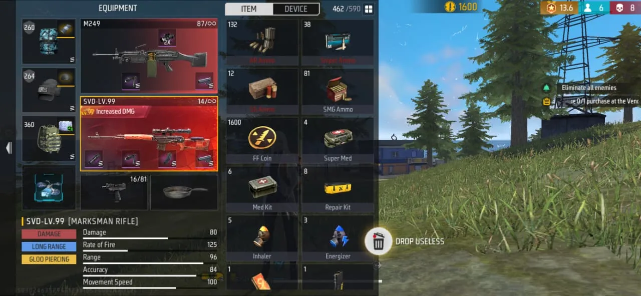 The in-match equipment screen with an upgraded SVD marksman rifle flagged as Increased DMG alongside the inventory