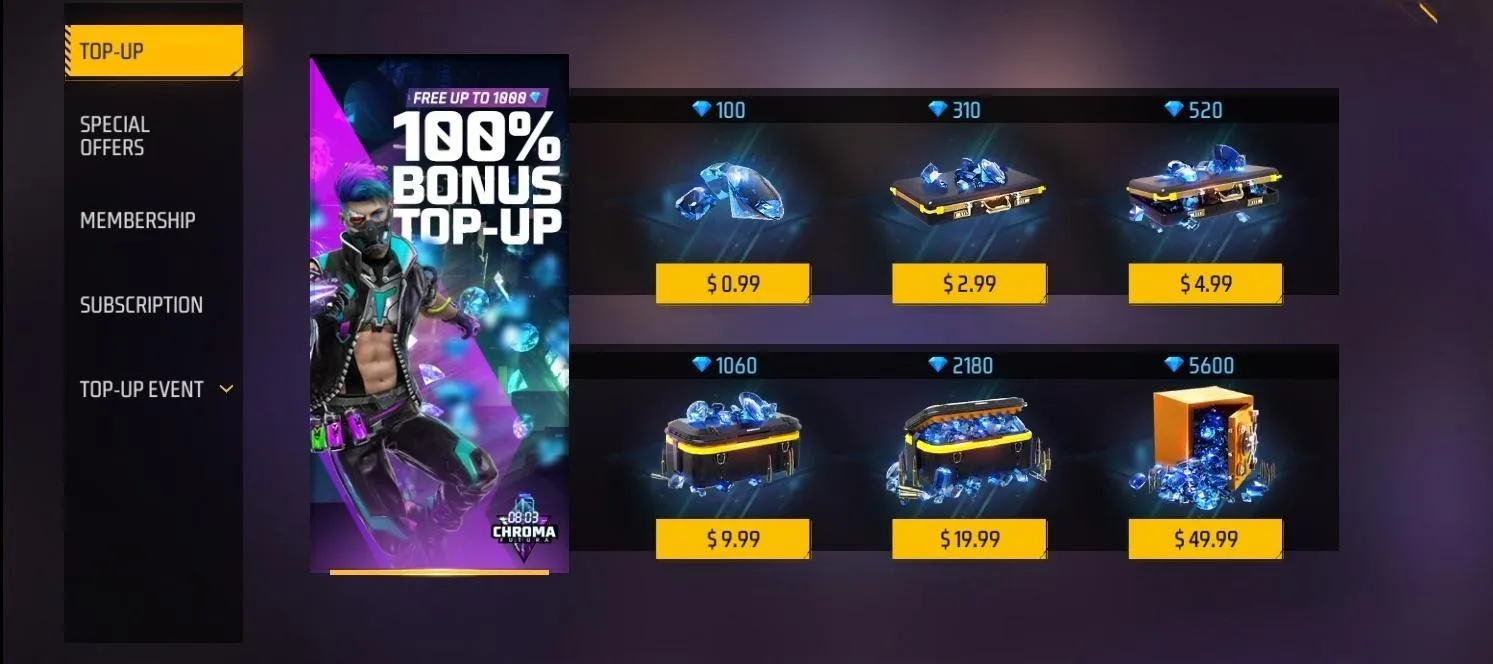 The Free Fire diamond top-up store, with six diamond bundles priced from $0.99 to $49.99