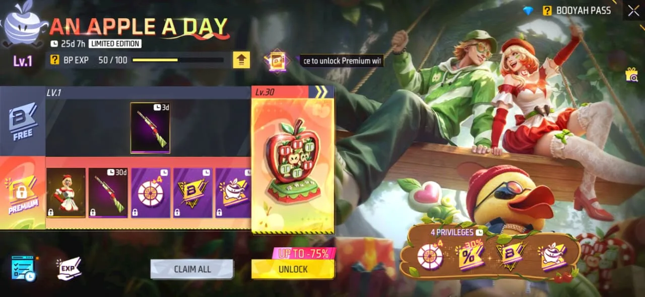 The Booyah Pass reward track, with the free tier above and the locked premium tier below it