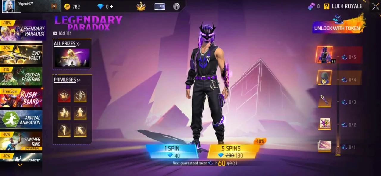 The Luck Royale spin screen for a legendary outfit, priced at 40 diamonds for one spin or 180 for five