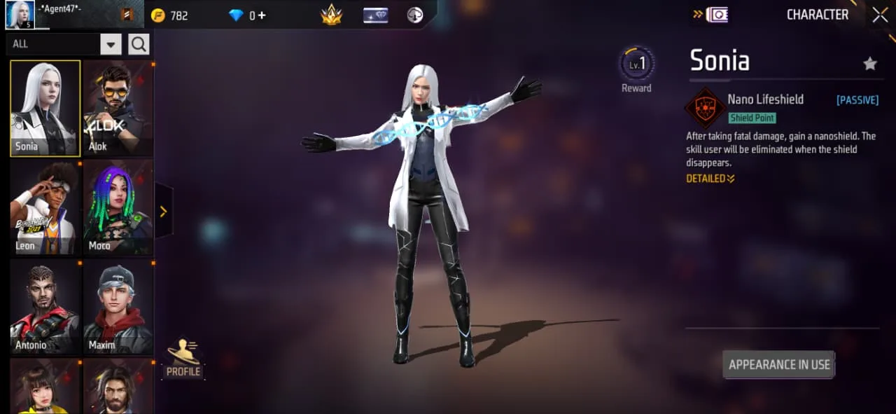 The Free Fire character screen showing Sonia and her Nano Lifeshield passive ability