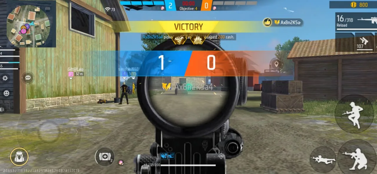 Aiming down a scope in Free Fire as the Victory banner appears at the end of a Clash Squad round